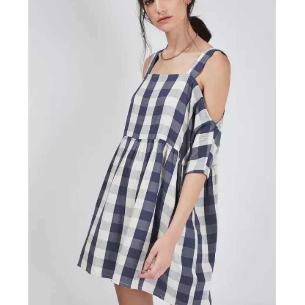 TOPSHOP Gingham Smock Off Shoulder  Dress Petite